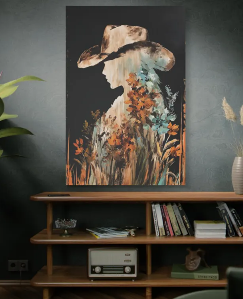 Boho Retro Floral Cowgirl Art Print