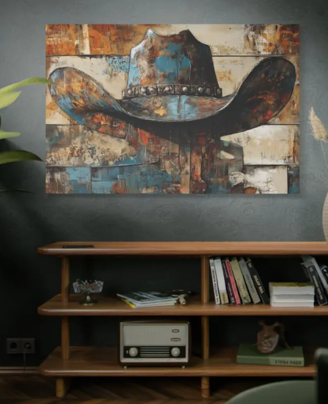 Rustic Western Metal Work Print: Bold Cowboy Hat Canvas with Industrial Edge